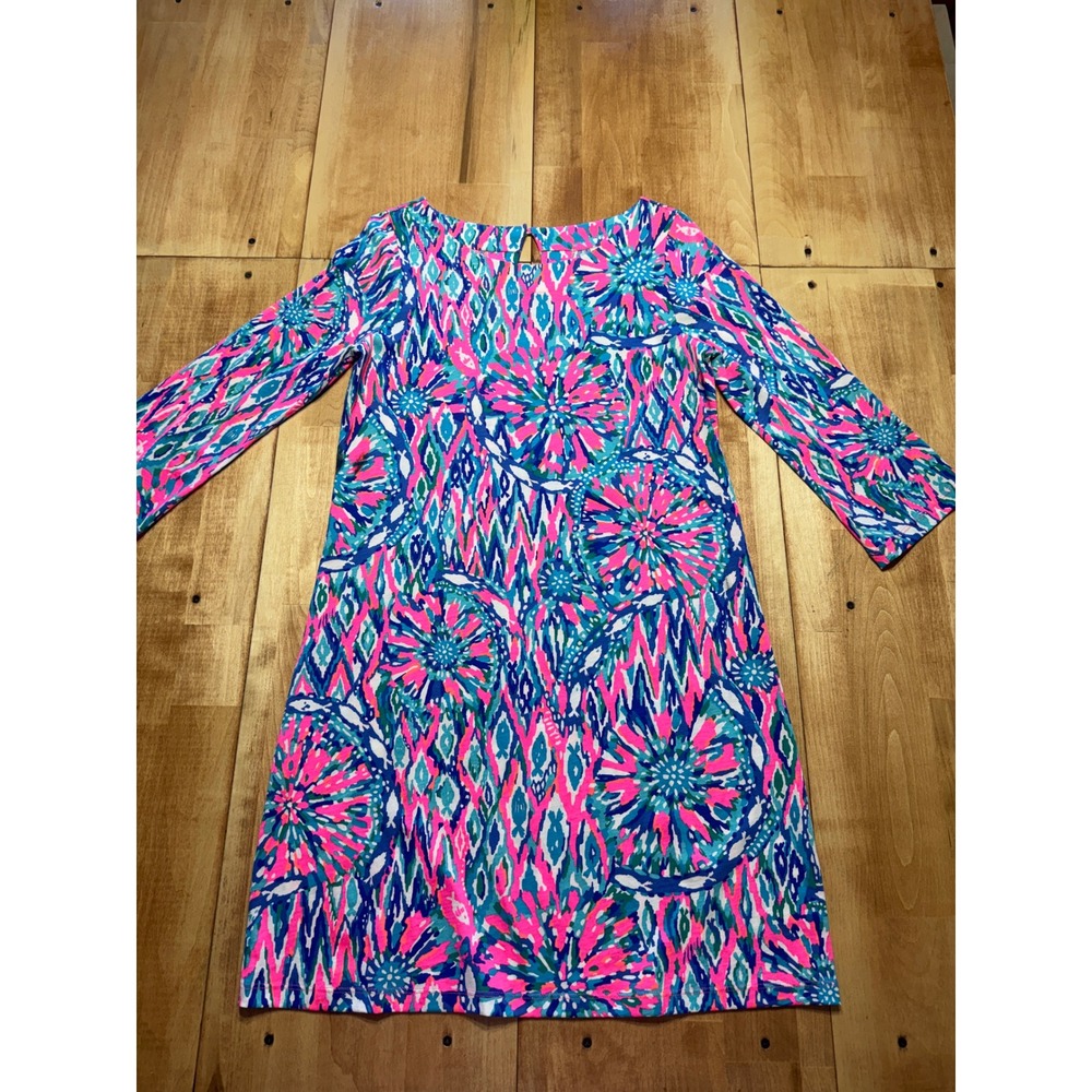 Lilly Pulitzer Bay Dress in pink and blue Shake It Up print 3/4 sleeve PimaCotto